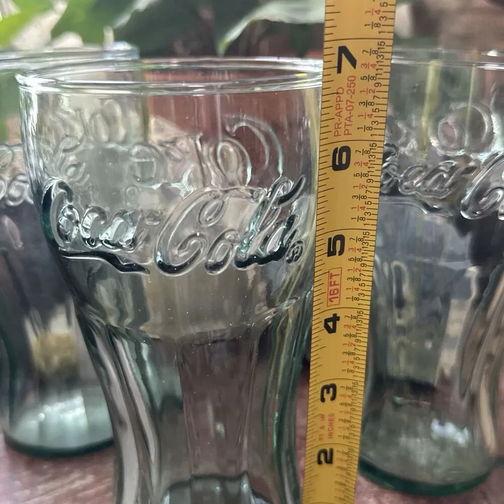 Coca Cola Contour Drinking Glasses Set of 3 Green Embossed Logo 7” Tall Large